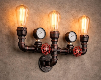 Lámpara de pared Steampunk con forma de tubería de agua / Aplique de pared rústico industrial de 3 luces, color cobre / Lámparas de pared de metal para exteriores y decoración del hogar