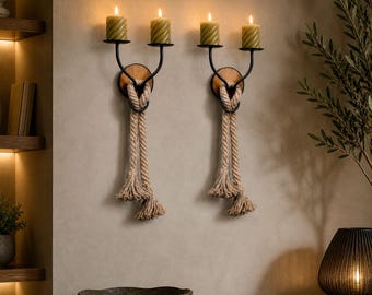 Juego de 2 apliques de pared rústicos para velas / Portavelas colgantes de madera y metal con cuerda para decoración del hogar / Portavelas decorativo de pared