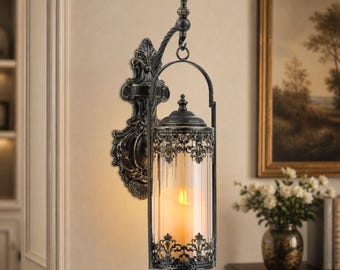 Gothic Rustic Candle Sconce – Hanging Lantern Wall Holder, Amber Glass Metal Decor