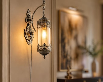 Aplique de pared rústico estilo granja para dormitorio / Lámpara de pared gótica antigua con enchufe y cristal ámbar / Aplique de pared decorativo