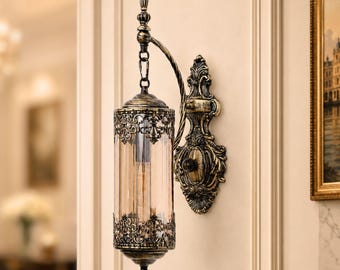 Gothic Rustic Wall Sconce – Hanging Lantern Wall Holder, Metal Glass Decor