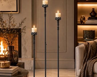 Juego de portavelas de pie ajustables, soportes para velas de pilar de metal negro, decoración para centros de mesa de boda, portavelas alto - decoración de candelabros de pie