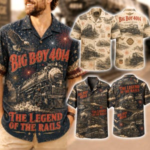 Big Boy 4014 Hawaiian Shirt, USA 250th Anniversary Button Down Shirt, Vintage American Locomotive Apparel, Patriotic Train Shirt