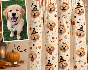 Pyjamabroek met gepersonaliseerde huisdierfoto voor dames, Halloween-slaapkleding met hondengezicht en naam, knus en gepersonaliseerd cadeau voor hondenmoeders en dierenliefhebbers.