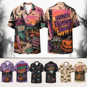 May include: A short-sleeved button-down shirt featuring a horror-themed collage print. The design includes a lake house, a large knife, jack-o'-lanterns, bats, and text such as "Welcome to Camp Screams," "Vacation Can Be Murder," and "Sunset Slasher Collage."