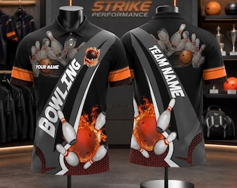 Benutzerdefinierte Bowling-Polo-Shirt, personalisierter Teamname Bowling Jersey, Flame Ball Pins 3D Polo, Bowling-Teamuniform Geschenk