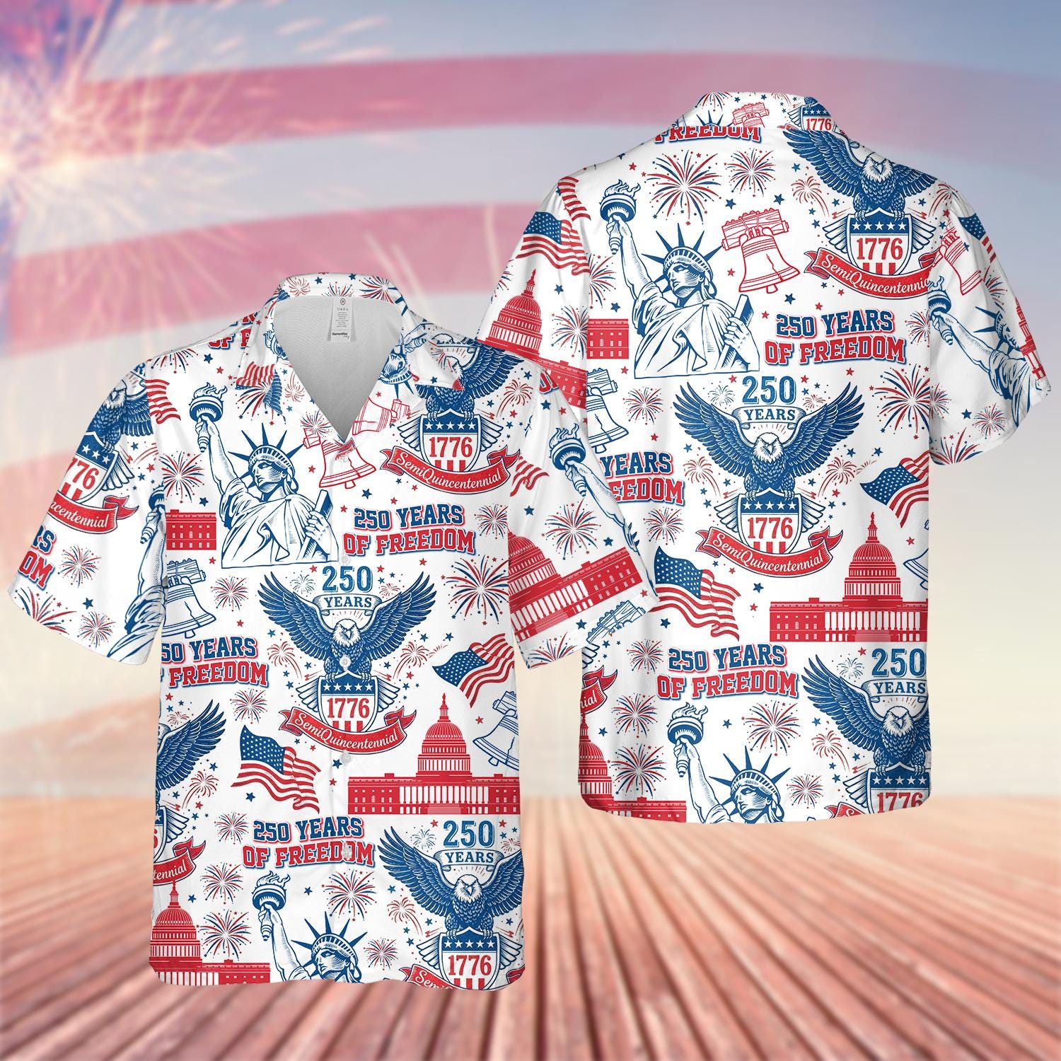 Discover America 250th Anniversary Hawaiian Shirt, Semiquincentennial 1776-2026 Liberty Bell Eagle Shirt, USA Patriotic 250 Years of Freedom Gift
