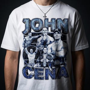 May include: A white short-sleeve t-shirt featuring a large graphic print of John Cena in various poses. The text JOHN CENA is printed in large, distressed blue block letters above and below the images. The design includes multiple depictions of the wrestler in a blue-toned, vintage-style collage format.