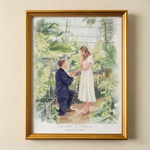 Op de afbeelding: Een ingelijste aquarelillustratie van een huwelijksaanzoek in een kas. Een persoon in een donker pak knielt voor een persoon in een witte jurk. De tekst "Christie & Jessica" en "AUGUST 9 2025" staat onderaan de afbeelding gedrukt.
