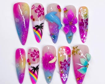 3D Tropical Flowers Ombre Gradient Press On Nails | Magenta Pink Blue Gold Stiletto Fake Nails | Rainbow Paradise Luxury Nail Art