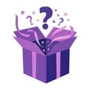 May include: An open purple gift box with a dark purple question mark floating above it, along with smaller question marks and stars. The box has a geometric design with vertical stripes and a lighter purple interior.