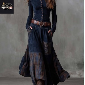 Vestido largo de patchwork ModernVoguePK - Vestido largo bohemio estilo academia oscura con bolsillos