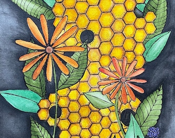 Honeycomb Floral Original Watercolor Painting 9” x 12”