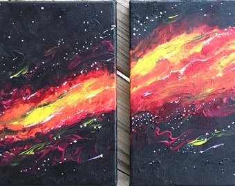 Set of 2 Red Galaxy Original Acrylic Paintings