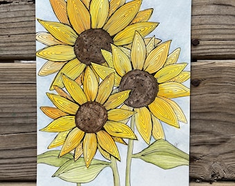 Sunflowers Watercolor and Ink 7” x 10” Original Artwork