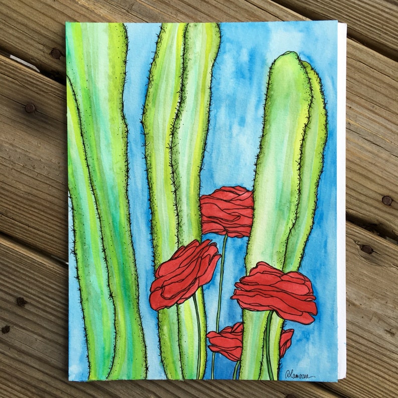 Cactus & Roses  Original Watercolor Painting image 1