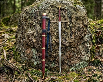 Espada de caballero medieval hecha a mano, estilo europeo, hoja larga, vaina con empuñadura de cuero, pieza de exhibición.