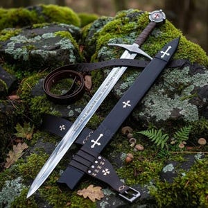 May include: A medieval-style sword with a silver blade and a brown handle, resting on a moss-covered rock. The sword is accompanied by a black sheath and a brown leather belt. The sheath features white cross designs.