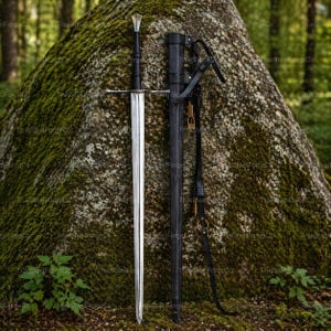 May include: A long, silver sword with a black handle and crossguard, resting against a moss-covered rock. A black scabbard and leather strap are positioned next to the sword. The sword's blade is highly polished, reflecting the surrounding forest.