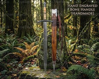 Hand-Forged Damascus Sword, Engraved Bone Handle, Medieval Fantasy Collectible