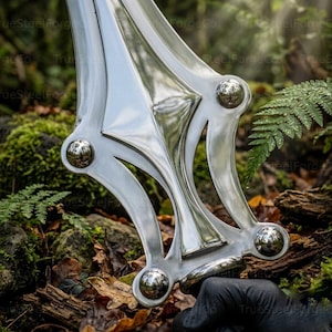May include: A silver-colored metal sword guard featuring a central pointed ridge and four polished spherical accents at the corners. The guard has a symmetrical, curved design with open spaces between the metal frame and a central vertical spine.