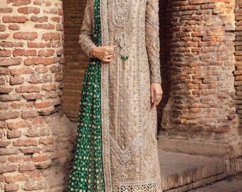 Embroidered Pakistani Wedding Long Kameez & Churidar with green dupatta; Indian partywear shalwar suit