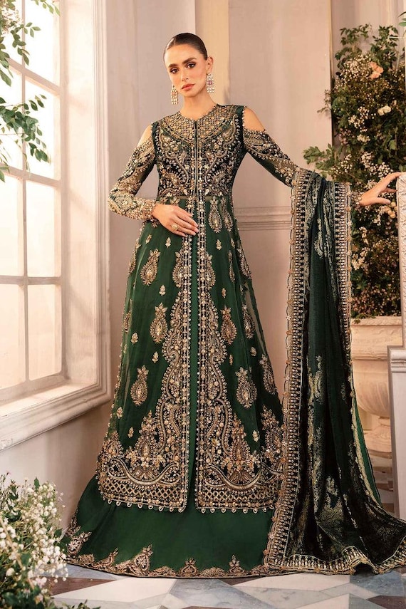 pakistani bridal green dress Emerald Wedding for Women, Luxury Hand Embroidered Maxi Gown, Formal Wear Salwar Kameez, Reception Outfit Sequin Dresses