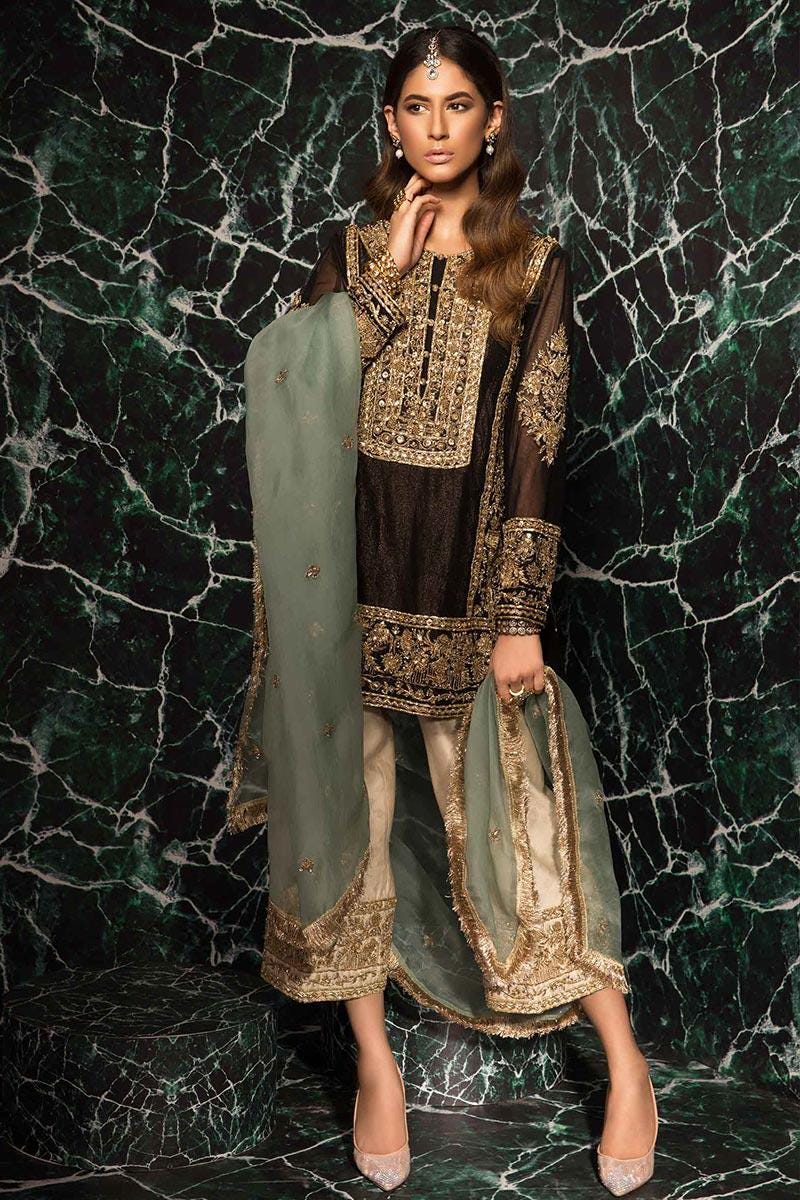 green and black dress pakistani Black And Green Embroidered Net Pakistani Suit