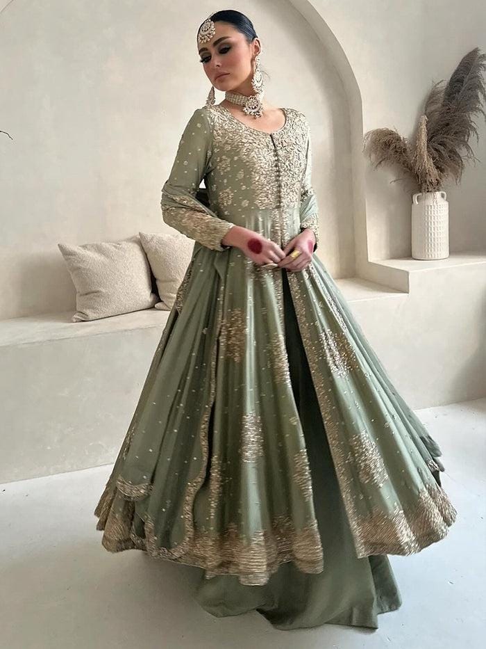 green bridal mehndi dress Embroidered Mehndi Dress in Dark Green Lehenga Choli Style LARGE