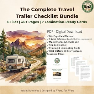 May include: The Complete Travel Trailer Checklist Bundle digital download. Includes a 20+ page field manual, quick reference cards, maintenance log, trip log, and printing guide. Features a watercolor illustration of a travel trailer on a mountain road.
