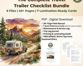 Zestaw listy kontrolnej przyczepy kempingowej | Lista kontrolna konfiguracji i wyjazdu kampera | Lista rzeczy do spakowania | Planer kempingowy do druku