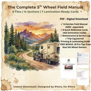 Komplett guide för femte hjul, fältmanual, dragkrok för kingpin, campingplatsinstallation, dragkroksvikt, underhållslogg, snabbreferenskort