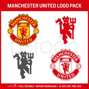 May include: A selection of Manchester United logos in red, yellow, and black. The logos feature the team crest with the words "Manchester United" and a devil holding a trident. The text "MANCHESTER UNITED LOGO PACK" is at the top.