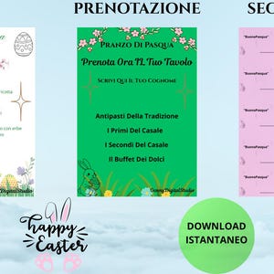 Può includere: Stampabili digitali a tema pasquale con menu, segnaposti e una grafica "Buona Pasqua". I menu elencano piatti italiani. I segnaposti sono rosa con il testo "Buona Pasqua". Un pulsante verde dice "Download istantaneo".
