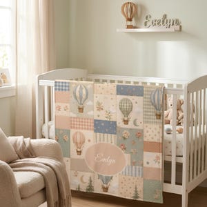 Custom Name Hot Air Balloon Baby Blanket Faux Patchwork Personalized Nursery Decor Girl Blanket Newborn Gift Stroller Throw Blanket New Moms