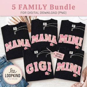 May include: Five black t-shirts with pink text that reads "NANA", "MANA", "MINI", "GIGI", and "MIMI". Each shirt has a small pink flower and a silver necklace. The text "5 FAMILY Bundle" is at the top.