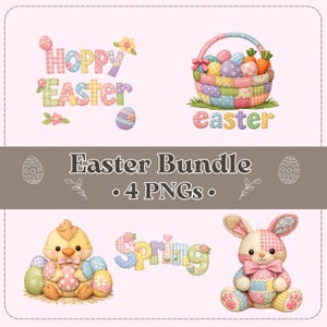 Peut inclure: Un ensemble numérique sur le thème de Pâques avec quatre images PNG. Les images incluent le texte "Joyeuses Pâques" et "Printemps", un panier d'œufs décorés, un poussin tenant des œufs et un lapin tenant un œuf. Les images ont un design patchwork.