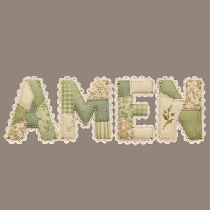 Amen PNG Sublimation Faux Applique Patchwork Green Floral Faith Christian Amen DTF Transfer Cottagecore Lace Religious Gift Digital Download