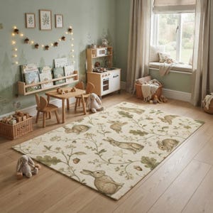 May include: A rectangular area rug featuring a repeating pattern of brown rabbits, green oak leaves, acorns, and small stars on a cream background. The rug is positioned on a light wood floor in a room with a wooden table, chairs, and toy kitchen.