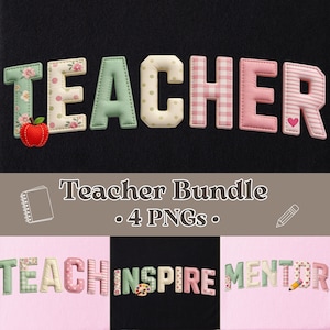 Op de afbeelding: Op een zwarte achtergrond staat het woord "TEACHER" in decoratieve letters met bloemen-, stippen- en ruitpatronen. Een rode appel staat naast de letter "T". Daaronder staat de tekst "Teacher Bundle • 4 PNGs •".