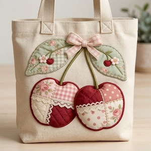 Puede incluir: Un bolso tote de lona color crema con una gran aplicación de cerezas acolchadas en la parte frontal. Las cerezas están hechas de varios parches de tela en tonos rojo, rosa y blanco, decoradas con encaje, un lazo de cuadros rosa y hojas verdes.