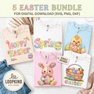 May include: An Easter-themed bundle of five t-shirts with colorful designs. The shirts feature phrases like "Happy Easter" and "Spring", along with Easter-related graphics such as a bunny, chick, and Easter eggs. The shirts are displayed on a white background.