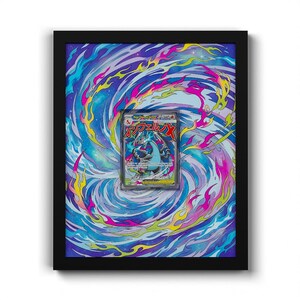 May include: A framed collectible trading card featuring a blue dragon character with the Japanese text "インフェルノX" displayed in red. The card is centred against a vibrant, swirling background of blue, purple, and pink flames and cosmic patterns.