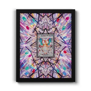 May include: A framed collectible trading card featuring a Charizard illustration, centered against a background of geometric diamond patterns and scattered red, blue, and green gemstones. The black frame surrounds the vibrant, prismatic artwork.