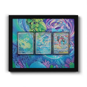 May include: A black rectangular frame containing three trading cards displayed against a vibrant, colorful background featuring green leaves, blue coral, and swirling cosmic patterns. The cards depict blue frog-like creatures in aquatic settings.