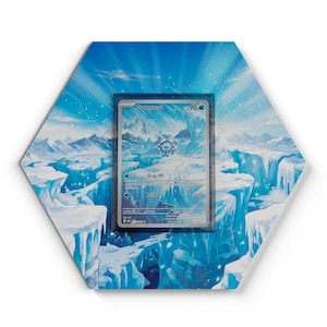 May include: A hexagonal display frame featuring a Cryogonal trading card centered against a printed background of a snowy, icy mountain landscape with blue and white tones. The card displays the name Cryogonal, 90 HP, and the attacks Drag Off and Icicle.