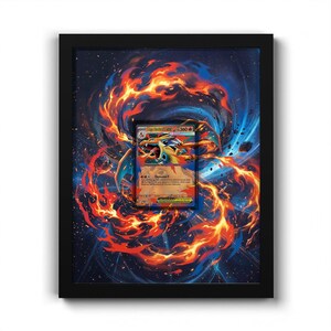 May include: A framed collectible trading card featuring a dragon-like creature surrounded by swirling orange and red flames against a dark blue space background. The card displays the text Mega Charizard EX and includes game statistics.