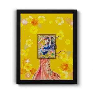 May include: A framed display featuring a collectible trading card of a character with long dark hair, centred on a bright yellow background patterned with orange and yellow hibiscus flowers. The card displays the text SAMPLE and Nico Robin.