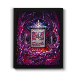 May include: A framed collectible trading card featuring a dark, crystalline cavern illustration with purple and red hues. The card is centered within a black frame, displaying a detailed creature graphic and text, surrounded by a vibrant, jagged crystal cave background.