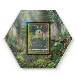 Pode incluir: Um expositor de parede hexagonal com uma carta colecionável Turtwig ao centro, protegida por uma capa. A arte de fundo retrata uma cena de floresta verdejante com árvores altas, rochas cobertas de musgo e pétalas amarelas flutuantes.